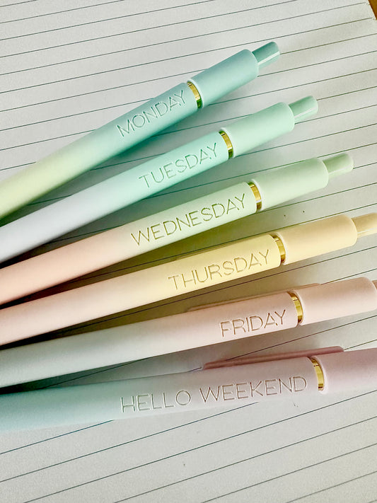 6-Pen Gift Set | Monday-Friday + Hello Weekend Engraved Soft Touch Gel Pens