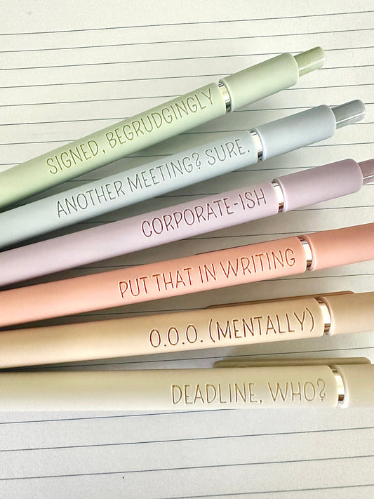 6-Pen Gift Set | Office Realness Soft-Touch Gel Pens for the Professionally Unwell